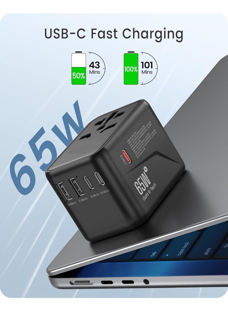 يويو تيك محول سفر عالمي 65 واط GaN III، محول قابس سفر أوروبي 5 في 1، شاحن حائط سريع 2x USB-A و3 xUSB C، ومقبس تيار متردد عالمي لأوروبا والولايات المتحدة الأمريكية والمملكة المتحدة وأستراليا وآسيا (أسود) - Image 2